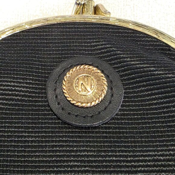 Vtg Nipon Black Micro Mini Clutch Coin Purse Mirror Gold Clam Ribbed 40s Minimal - Picture 5 of 9